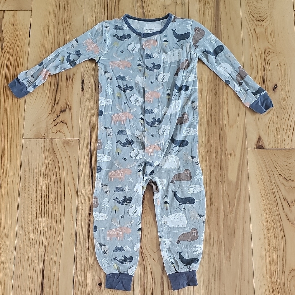 Kids Long Sleeve Footie Pajamas in Light Blue with Animal Print